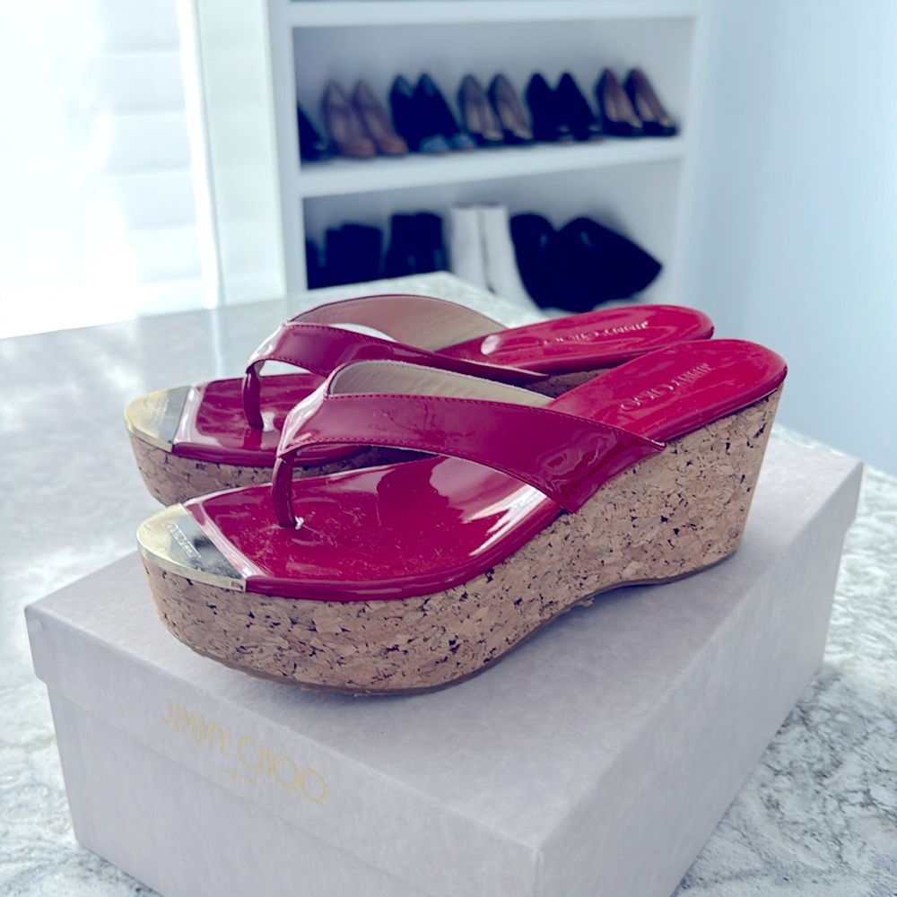 Jimmy Choo, wedge flip flops in red, size 38. Includes dust bag and box!